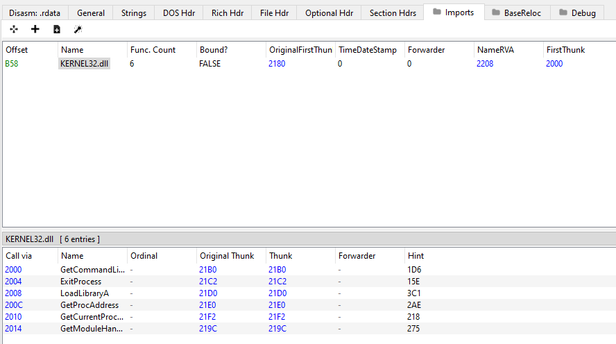 We see only one library which is Kernel32.dll with only 6 entries